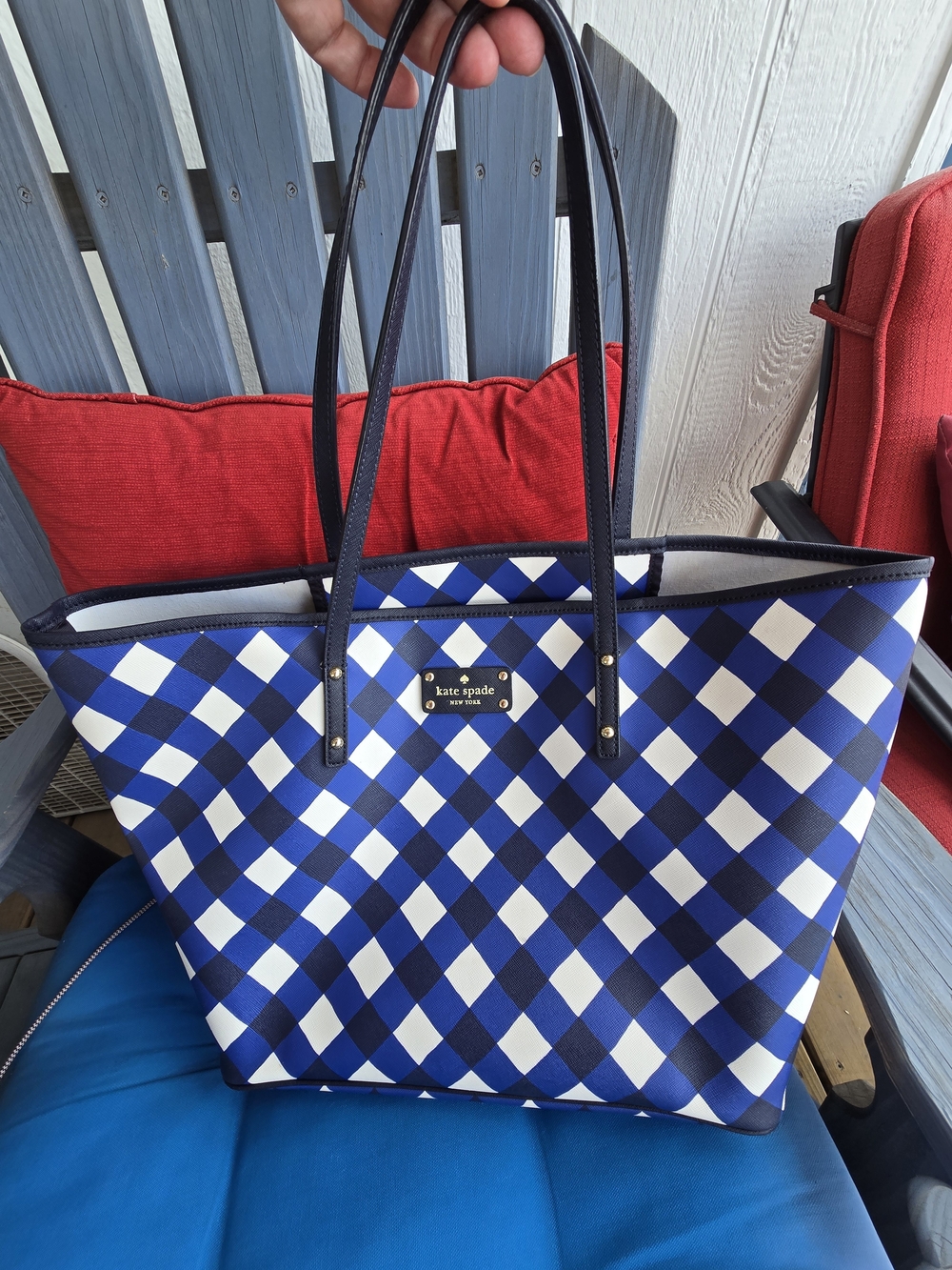 kate spade Blue & White Checkered Tote 11.5Wx 17Wx7D Good Condition